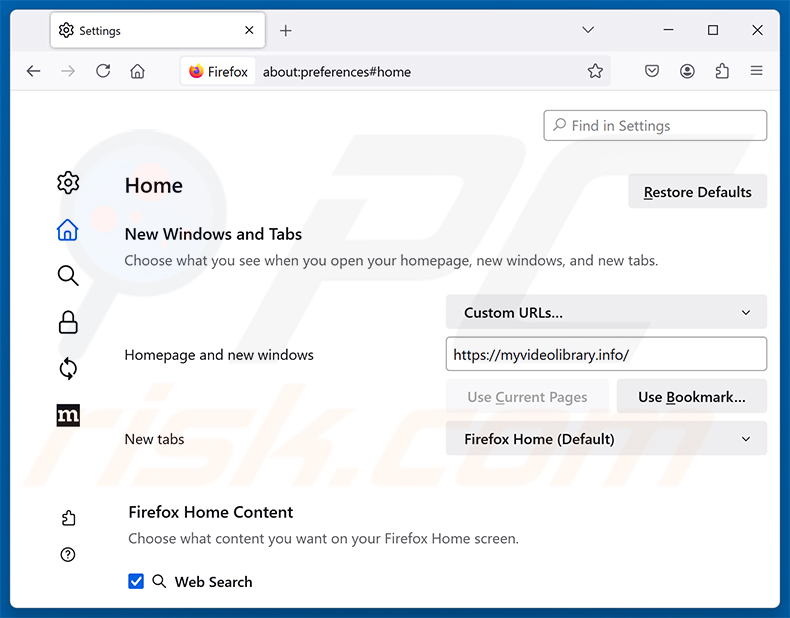 Remover a Video Search Extension (myvideolibrary.info) da página inicial do Mozilla Firefox