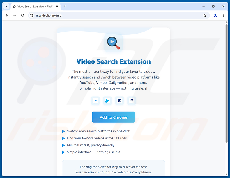 Site que promove o sequestrador de navegador Video Search Extension (myvideolibrary.info)
