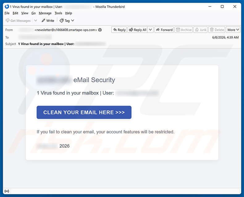 Campanha de spam por e-mail Virus Found In Your Mailbox