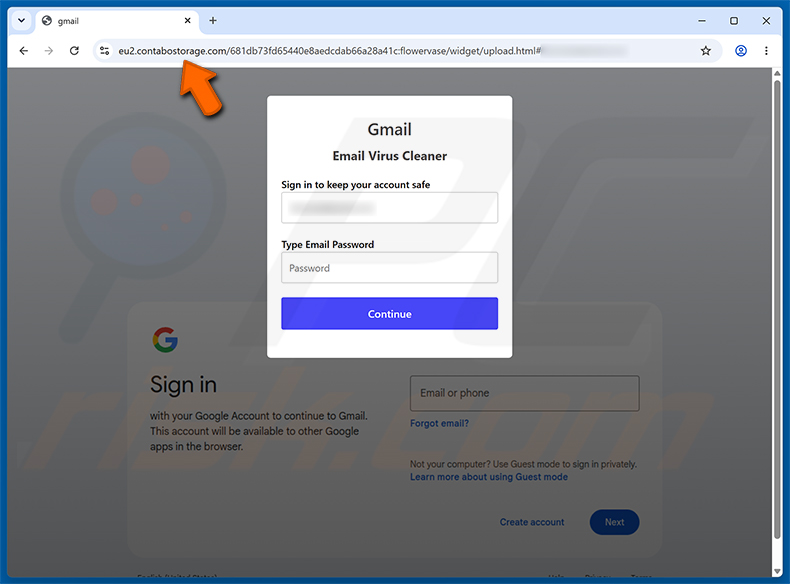 Página de phishing Virus Found In Your Mailbox