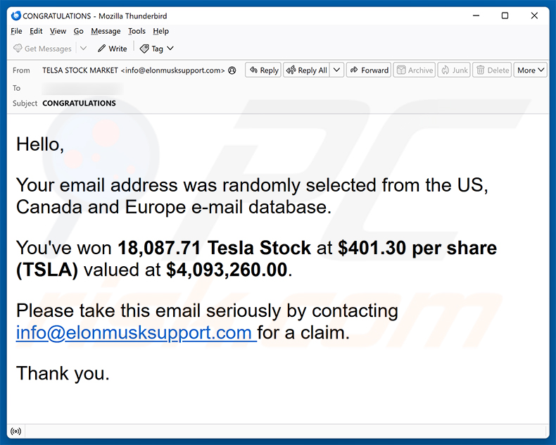 Campanha de spam por e-mail You've Won Tesla Stock