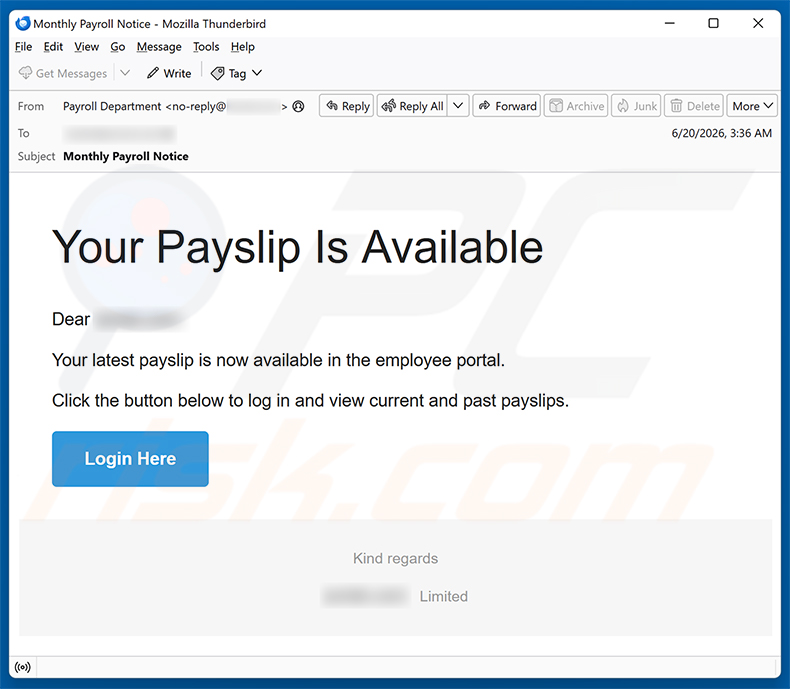 Campanha de spam por e-mail Your Payslip Is Available