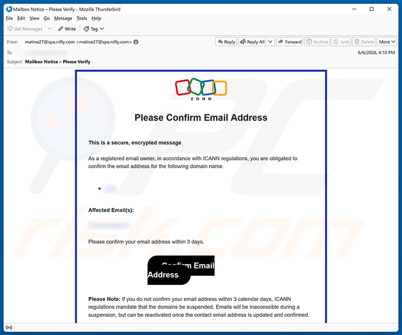 Campanha de spam por e-mail Zoho Email Address Verification Scam