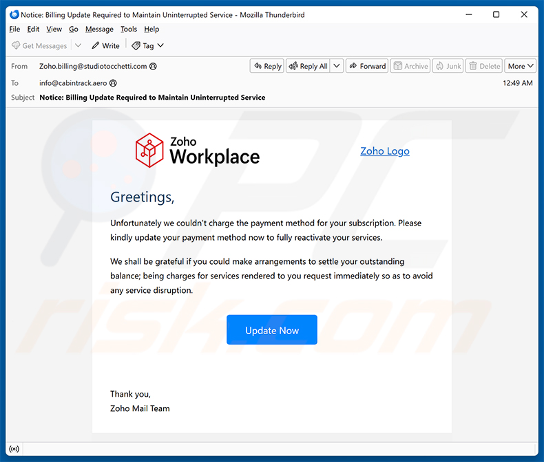 Campanha de spam por e-mail Zoho Workplace Payment Method Update