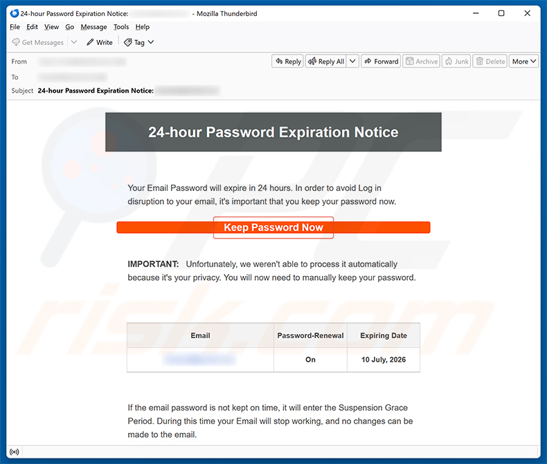 Campanha de spam por e-mail 24-Hour Password Expiration Notice