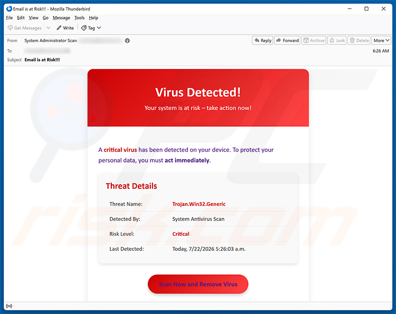Campanha de spam por e-mail A Critical Virus Has Been Detected On Your Device golpe de e-mail