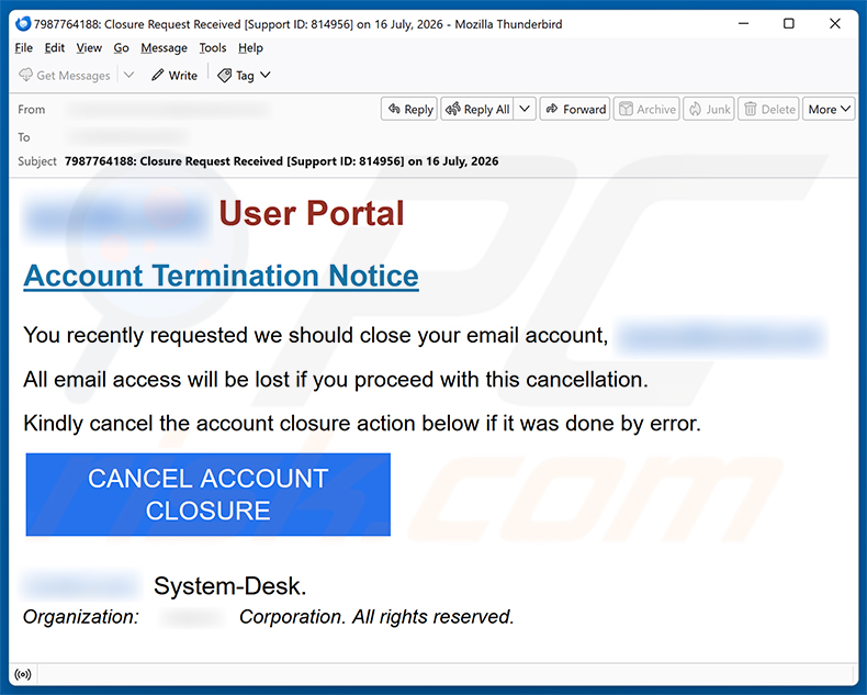 Campanha de spam por e-mail Account Termination Notice