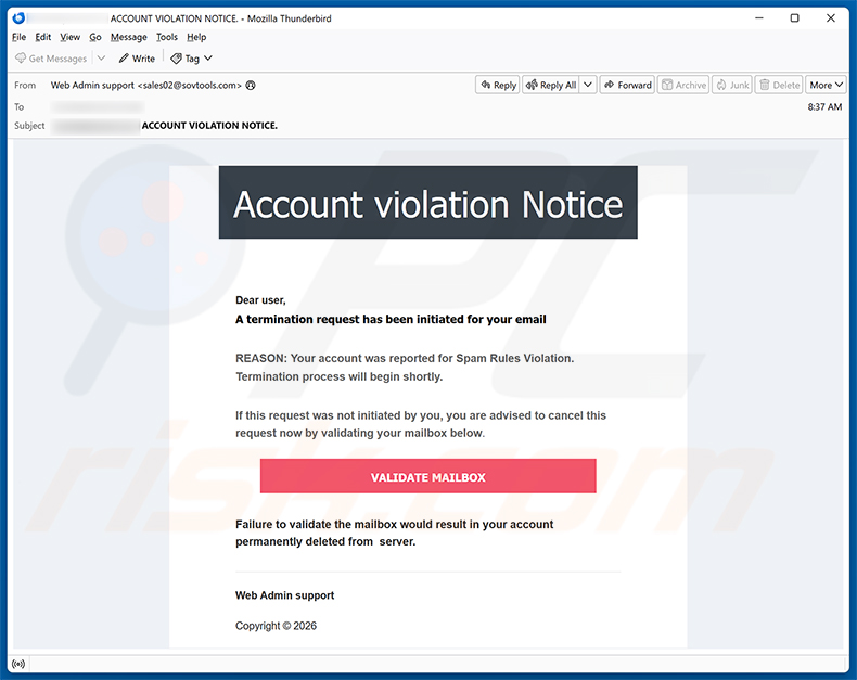 Campanha de spam por e-mail Account Violation Notice