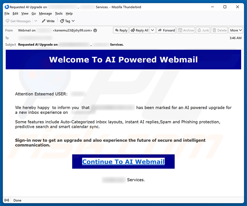 Campanha de spam por e-mail AI Powered Webmail Scam