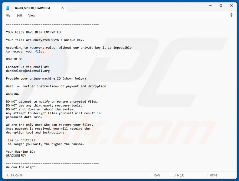 Nota de resgate do ransomware BL4CK SP1D3R (BL4CK_SP1D3R_README.txt)