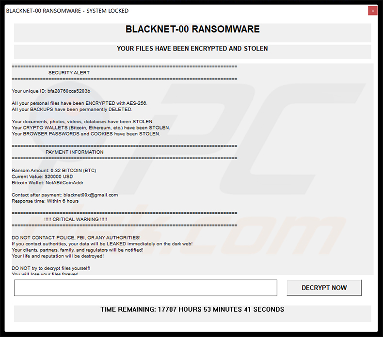 Janela pop-up do ransomware BLACKNET