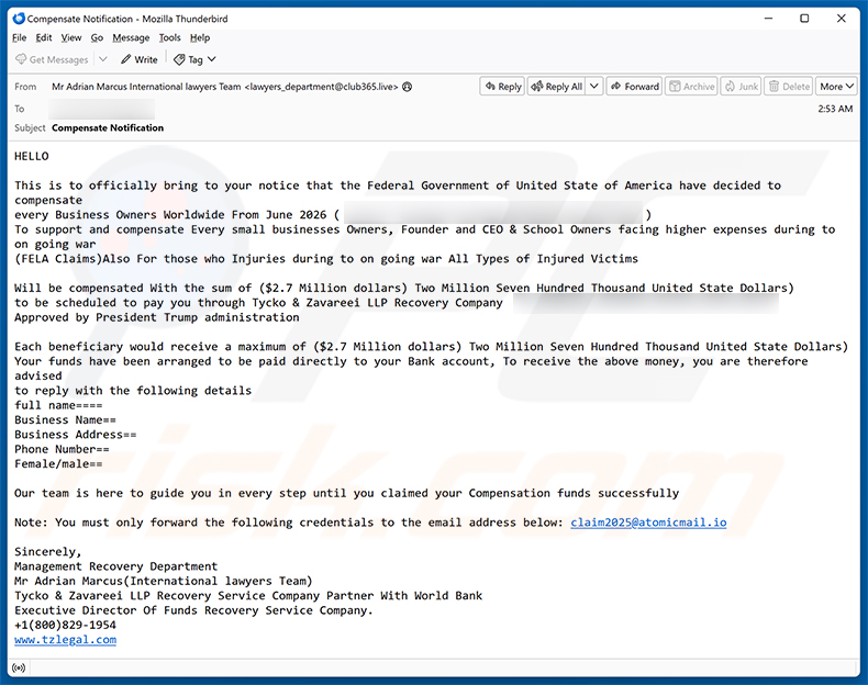 Campanha de spam por e-mail Business Owner Compensation Email Scam