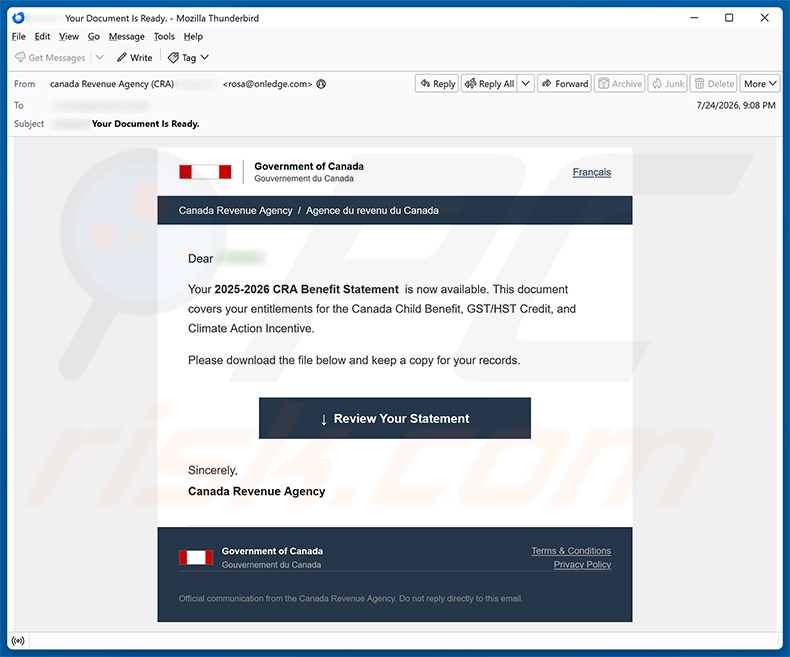 Campanha de spam de e-mail Canada Revenue Agency (CRA) Benefit Statement