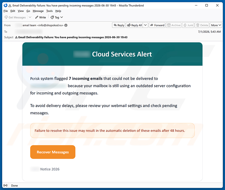 Campanha de spam por e-mail Cloud Services Alert