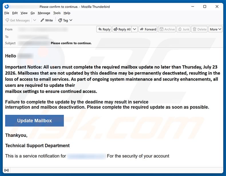 Campanha de spam por e-mail Complete The Required Mailbox Update golpe de e-mail