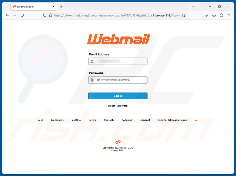 Página de phishing do Complete The Required Mailbox Update golpe de e-mail