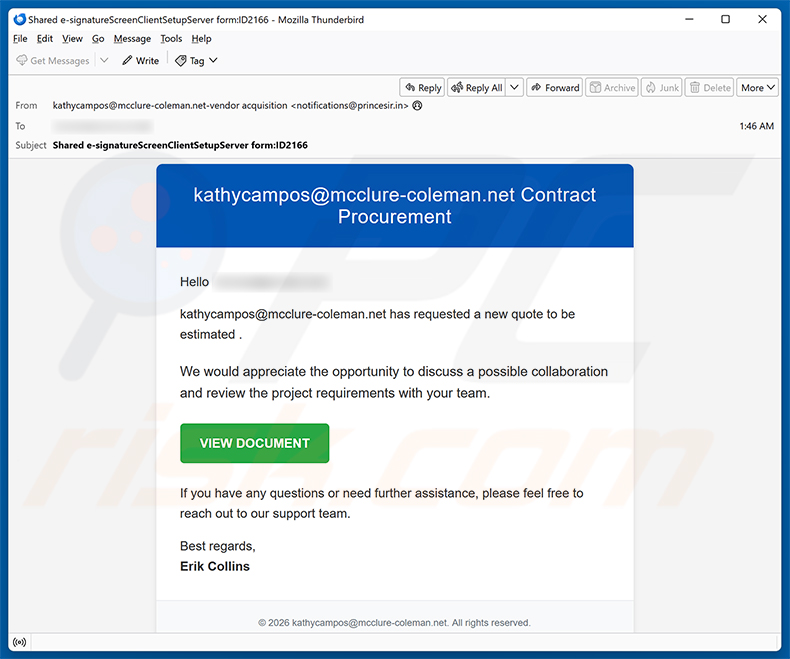 Campanha de spam por e-mail Contract Procurement Email Virus