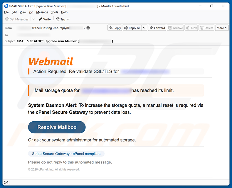 cPanel - Re-validate SSL/TLS campanha de spam por e-mail