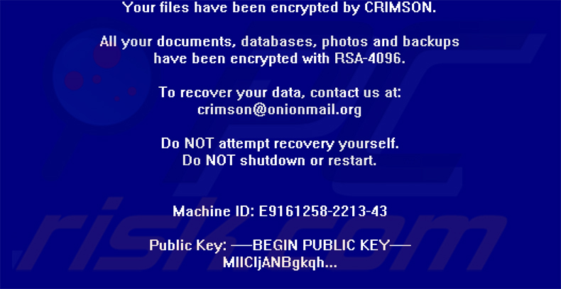 Nota de resgate do ransomware CRIMSON (mensagem em ecrã inteiro)
