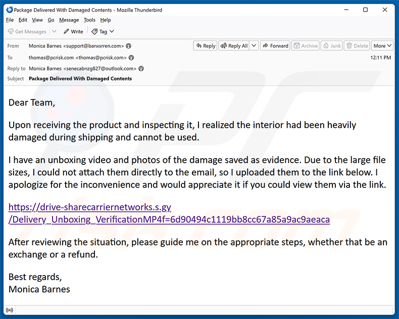 Campanha de spam por e-mail Damaged Package Email Virus