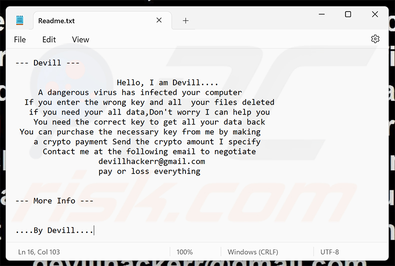 Nota de resgate do ransomware Devill (Readme.txt)