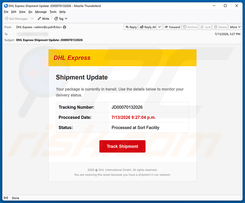 Campanha de spam por e-mail DHL Express Shipment Update