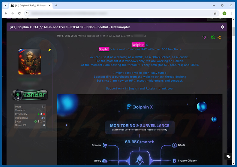 Publicação em fórum de hackers a promover o Dolphin X RAT