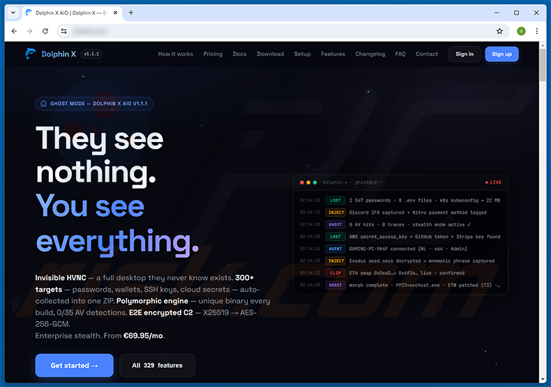 Site do Dolphin X RAT promovendo funcionalidades de stealer e de controlo remoto
