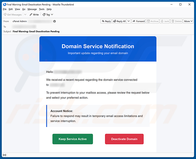 Campanha de spam por e-mail Domain Service Deactivation