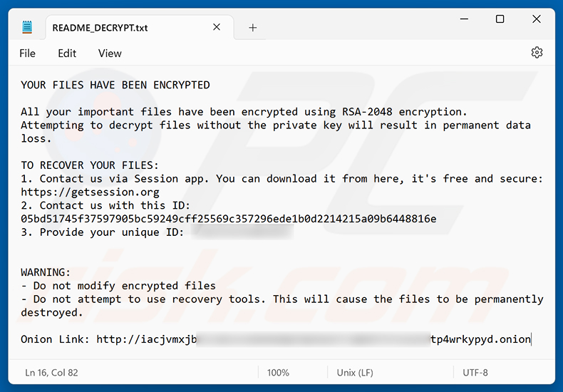 Nota de resgate do ransomware Doommageddon (README_DECRYPT.txt)