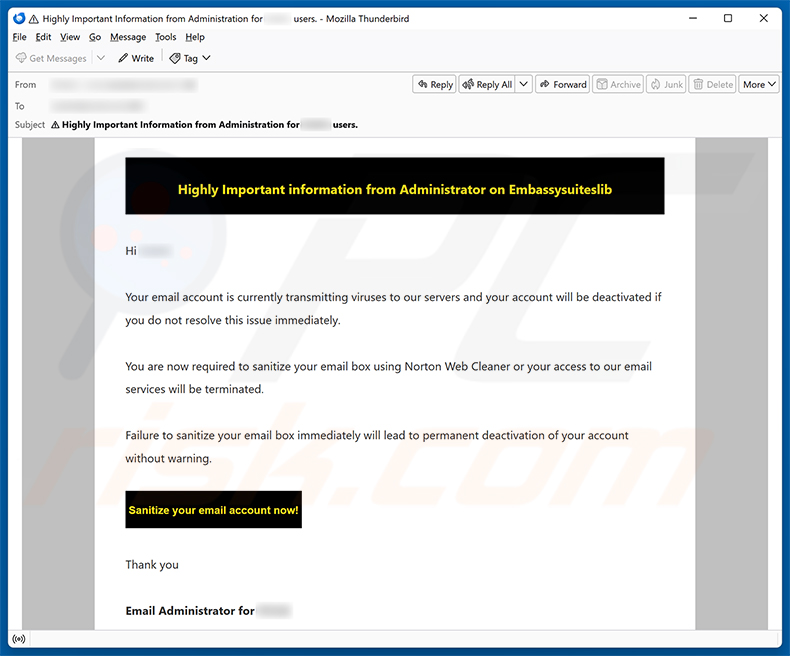 Campanha de spam por e-mail do golpe Email Account Is Currently Transmitting Viruses