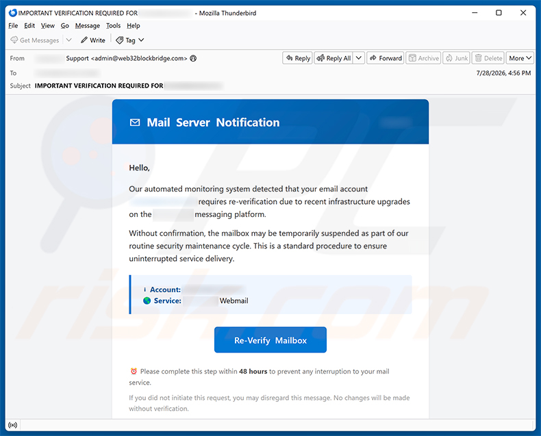 Campanha de spam por e-mail Email Account Requires Re-Verification golpe