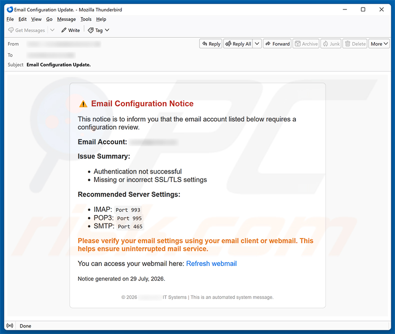 Campanha de spam por e-mail do golpe Email Configuration Notice