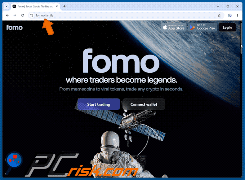 Aspeto do golpe da falsa Fomo Trading Platform (GIF)