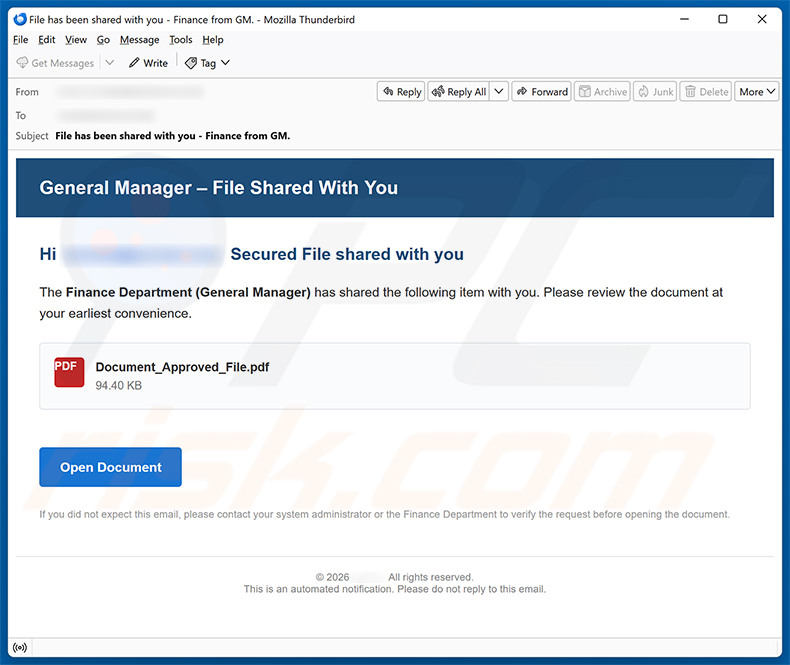 Campanha de spam por e-mail Finance Department (General Manager) Secure File