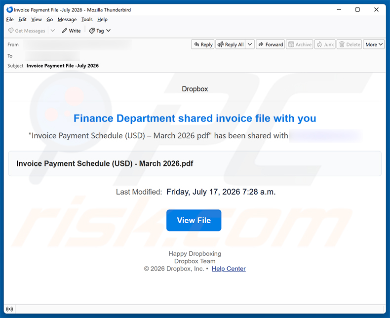 Campanha de spam por e-mail Finance Department Invoice golpe de e-mail