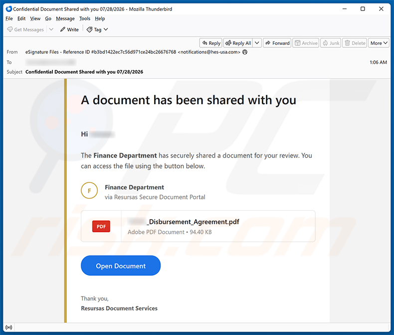 Campanha de spam Finance Department Secure Document Email Virus