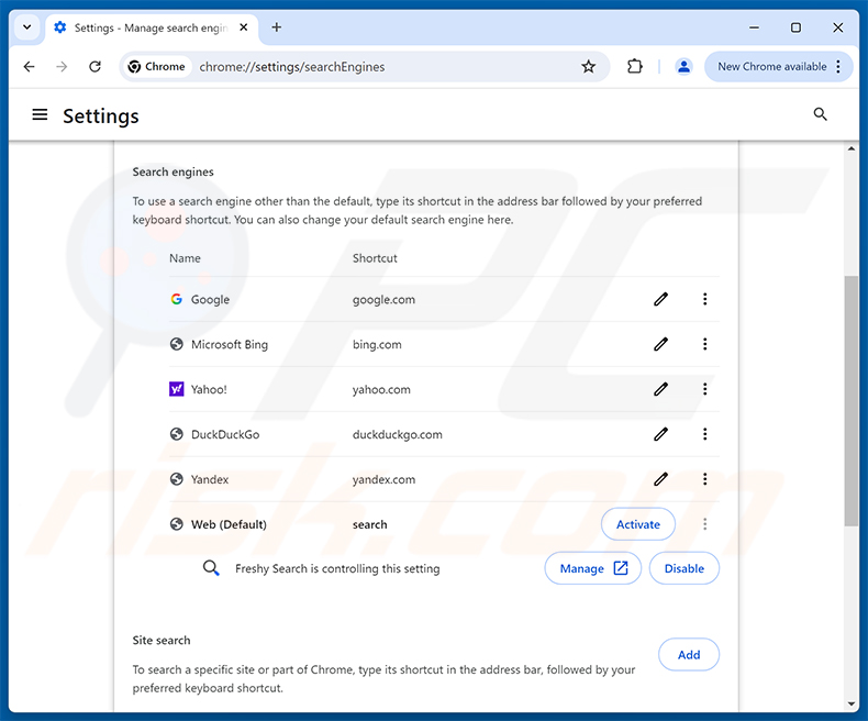 Remover o Freshy Search (freshy.com) do motor de busca predefinido do Google Chrome
