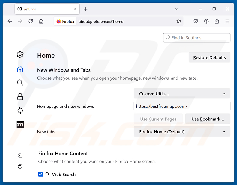 A remover Get Maps & Driving Directions (bestfreemaps.com) da página inicial do Mozilla Firefox