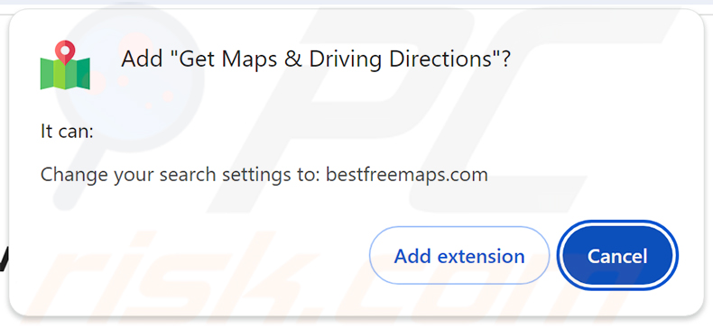 Permissões solicitadas pelo sequestrador de navegador Get Maps & Driving Directions (bestfreemaps.com)