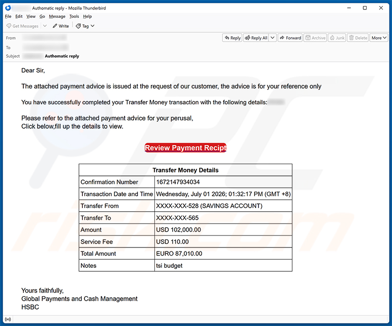 Campanha de spam por e-mail HSBC Money Transfer Completed golpe de e-mail