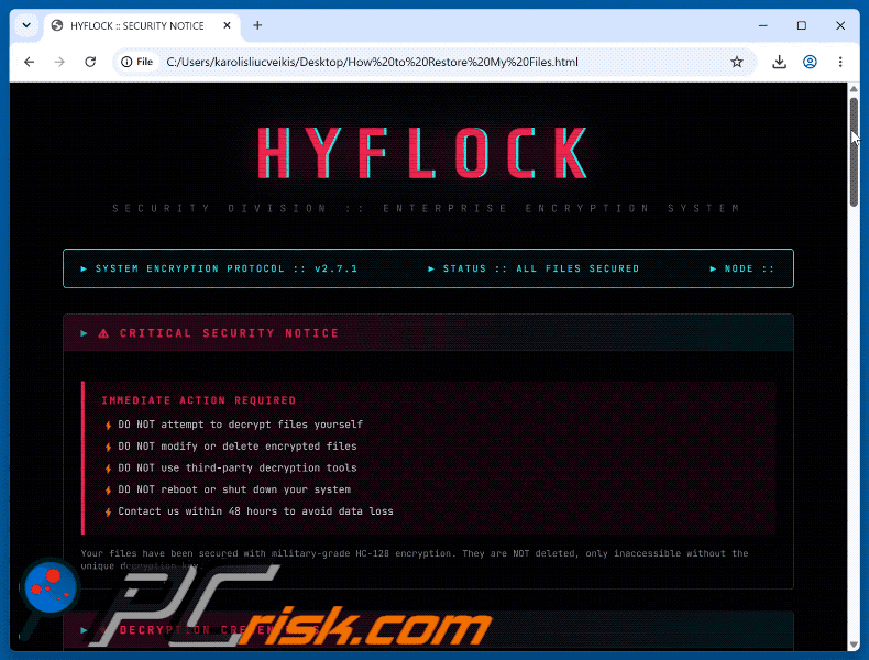 Nota de resgate do ransomware HYFLOCK (How to Restore My Files.html)
