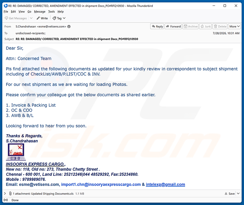 Campanha de spam com vírus por e-mail Insoorya Express Cargo Shipment Documents