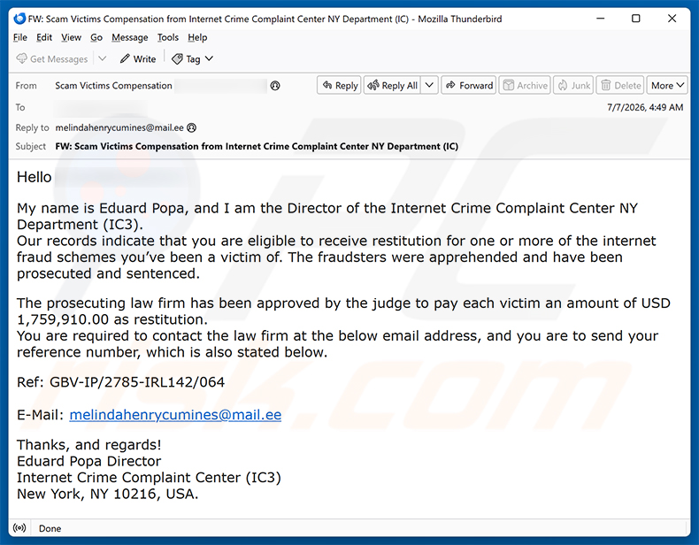 Internet Fraud Victim Compensation golpe de e-mail (2026-07-08)