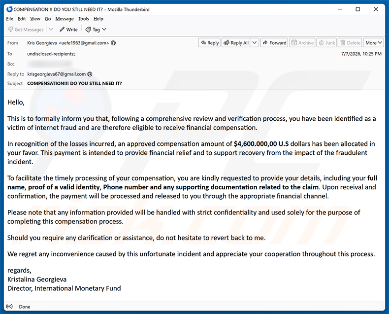 Campanha de spam por e-mail Internet Fraud Victim Compensation