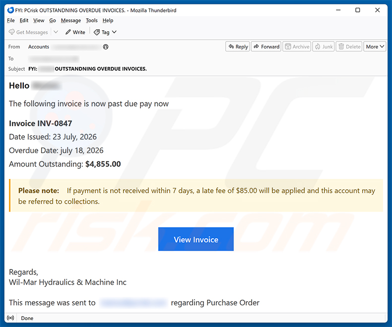 Campanha de spam Invoice Is Past Due golpe de e-mail