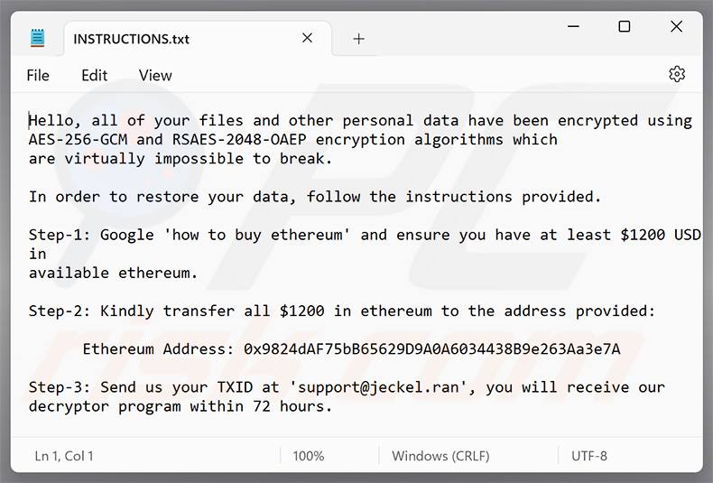 Nota de resgate do ransomware Jeckel (INSTRUCTIONS.txt)