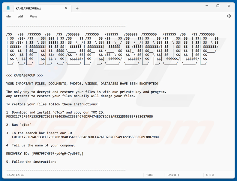Ficheiro de texto do ransomware KansasGroup (KANSASGROUP.txt)