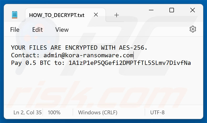 Nota de resgate do ransomware Kora (HOW_TO_DECRYPT.txt)