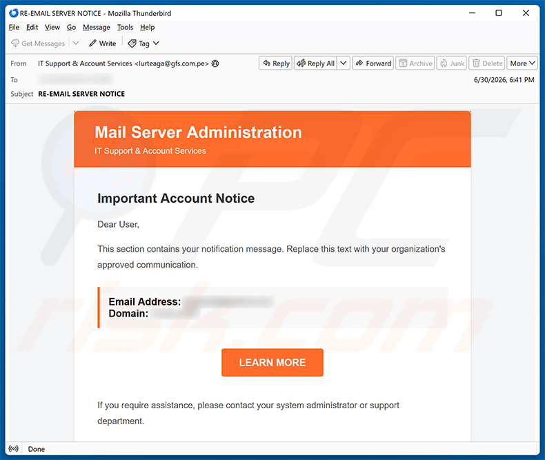 Campanha de spam por e-mail do golpe Mail Server Administration
